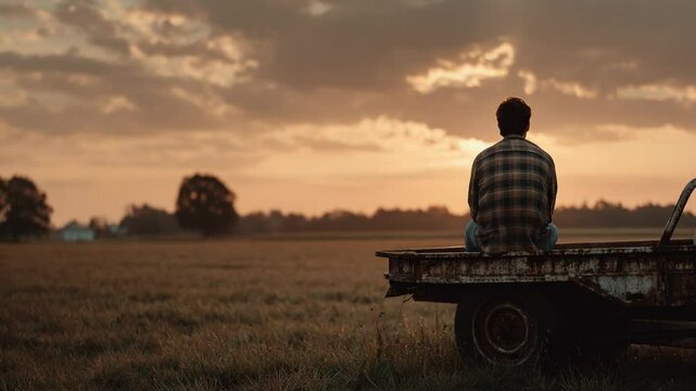 Sunset contemplation: A man sits on the tailgate of a vintage pickup truck, gazing at a breathtaking sunset over a tranquil field. The image evokes a sense of peace, reflection.