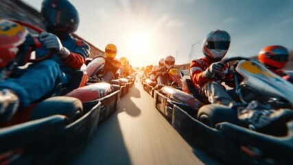 Kart Racing Thrills: A dynamic shot capturing the intensity of a kart racing competition, with racers speeding down the track under a bright, sunlit sky, exuding speed and exhilaration.