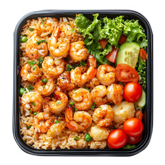 Fried rice with prawn tempura lunch box isolated on a white background