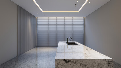Empty Room with Marble Island Table 8K 3D Render, Natural & Artificial Lighting
