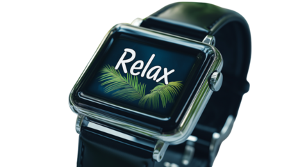 Smartwatch showing "Relax" with tropical animation, 3D glossy style, isolated PNG