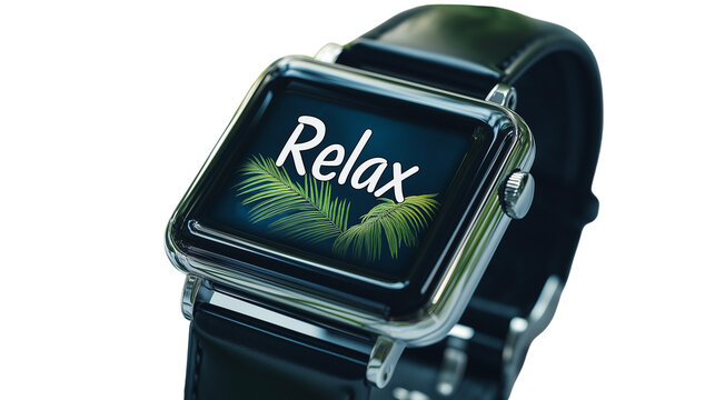 Smartwatch showing "Relax" with tropical animation, 3D glossy style, isolated PNG