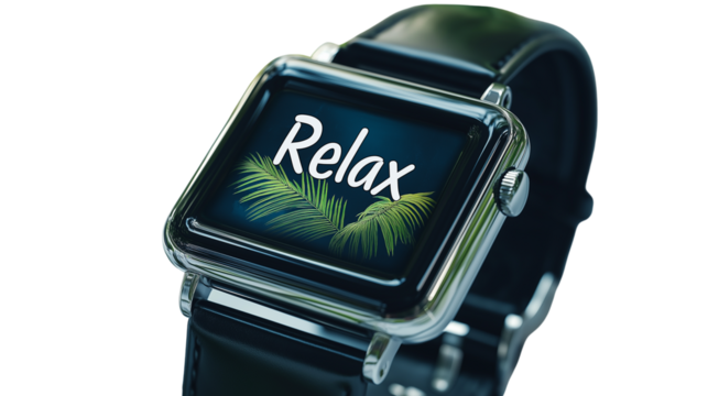 Smartwatch showing "Relax" with tropical animation, 3D glossy style, isolated PNG