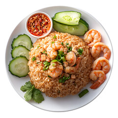 Fried rice with Shrimp paste, Thai style food isolated on a white background.