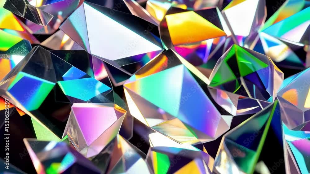 Poster a cluster of prism-shaped, crystal-like geometric objects reflect light, showcasing a spectrum of vi