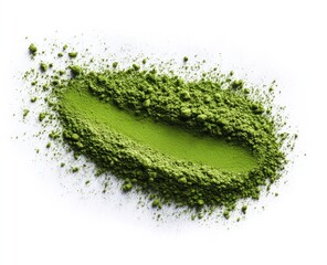 Green tea powder scattered on white background