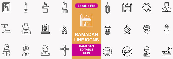 islamic icon with thin line style, use for islamic event or pictogram assets, ramadhan kareem, ied mubarak. Islamic Line Art Icons Set. Ramadan Kareem Line Vector Icons.