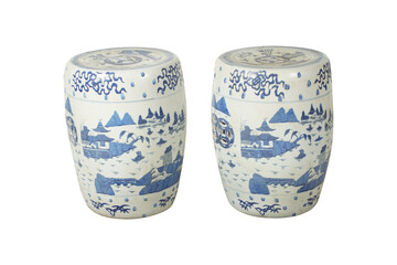 two ceramic vases  Chinese blue and white porcelain garden stool