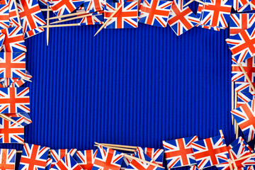 UK Union Jack flags with copy space, Toothpicks flags frame with blank space for text.