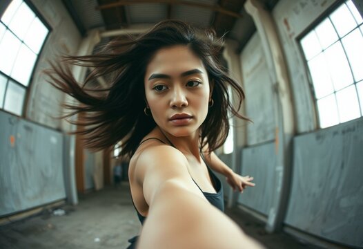 Dynamic female dancer in motion, partially lit in an abandoned warehouse - Powered by Adobe