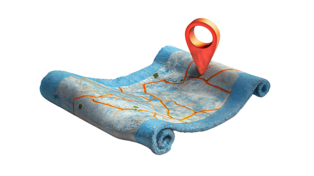 Map location icon turned into beach towel in 3D style, travel navigation theme, white background, PNG