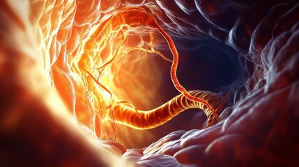 Human abdomen vessels, 3D medical illustration