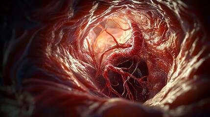 View of large vessel and tissue in human abdomen, smooth vessels, 3D medical illustration