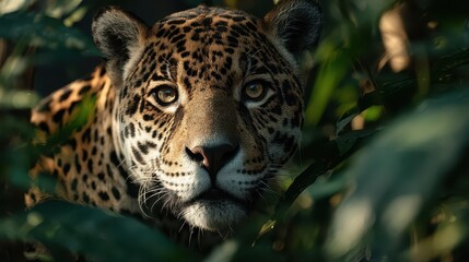 Obraz premium A jaguar emerges from thick green jungle foliage, showcasing its powerful presence and striking coat as it navigates its natural habitat in daylight