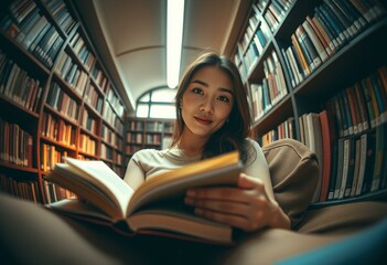 Female reader in a dimly lit library, shot with a fish-eye lens