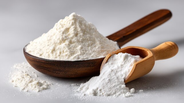 L-carnitine tartrate powder is neatly piled in a wooden bowl, with a wooden scoop next to it, ready for accurate measurement