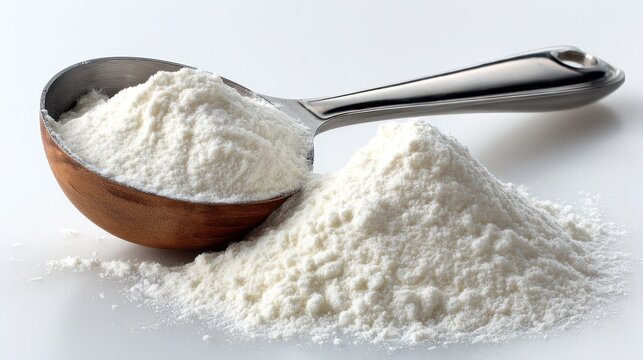 Piles of L-carnitine tartrate powder rest beside a wooden measuring spoon, indicating preparation for use in dietary plans focused on fitness and energy enhancement