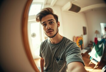 Fototapeta premium Sunlit artist's loft portrait of a male painter