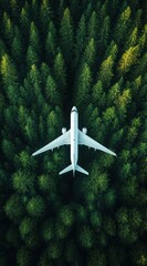 Airplane flying over symmetrical pine tree forest, perfect for travel posters, aerial design concepts, or nature and technology visual storytelling