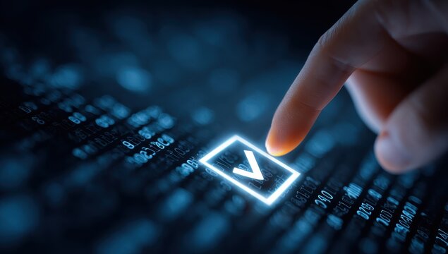 Finger touches digital checkmark on glowing interface