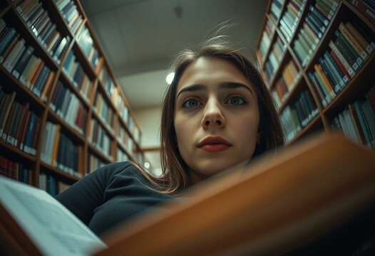 Softly lit portrait of a reader in a dimly lit library