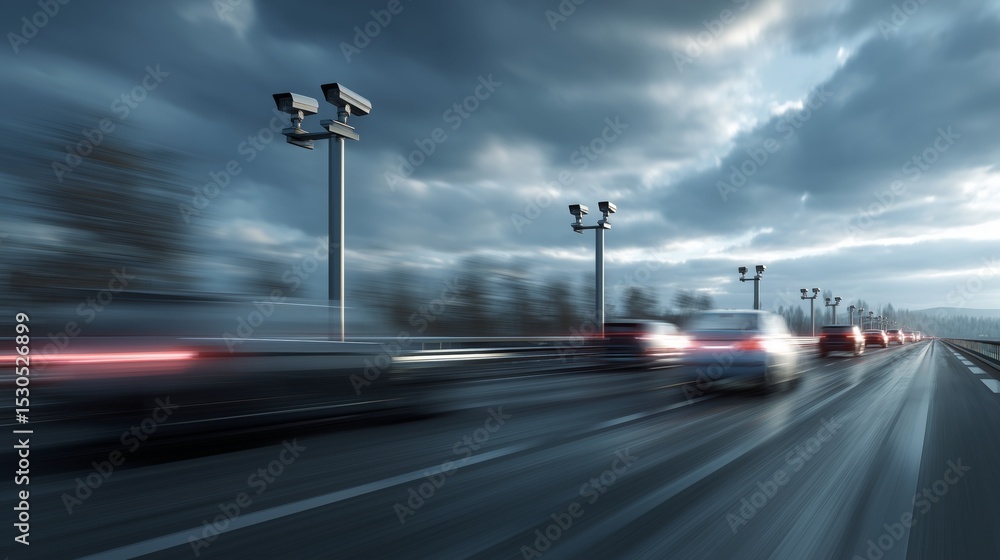 Aufkleber Multiple vehicles move swiftly through traffic lanes on a busy road while surveillance cameras observe the area. The sky is overcast, creating a moody atmosphere as dusk approaches.