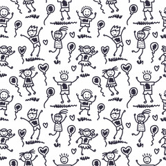Vector seamless pattern with funny kids and balloons hand drawn in doodle style