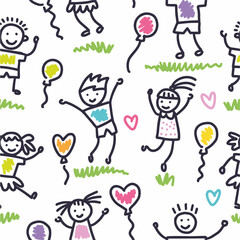 Vector seamless pattern with funny kids and balloons hand drawn in doodle style