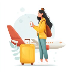 Woman traveling by plane with luggage and medicine bottle for health and safety on her vacation trip