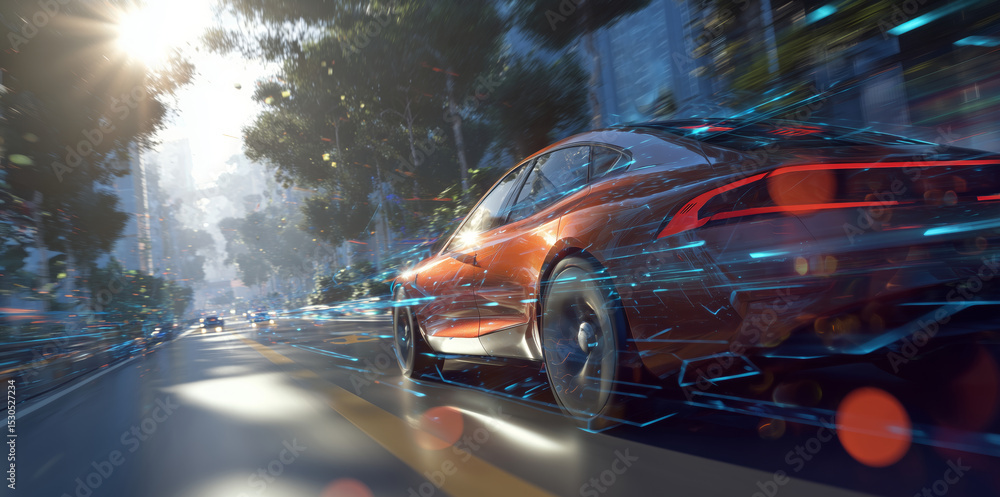 Poster Fast vehicles navigate multiple lanes on a busy road surrounded by greenery and tall buildings during the day. Dynamic light effects illustrate motion and enhance the urban atmosphere.