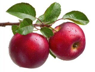 Two vibrant red apples on a branch with leaves, glistening with water droplets