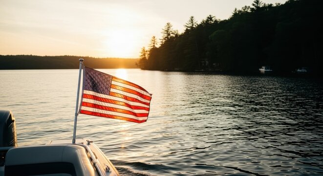 American flag waving on a boat at sunset over a lake. Patriotism concept for Independence day celebration. National pride.
