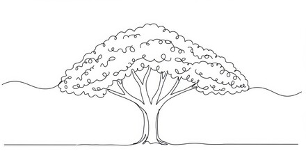 Single-Line Drawing of a Tree with Wide Trunk and Spreading Branches