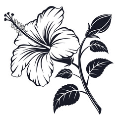 A bold hibiscus flower and unopened bud appear together in this clean black silhouette