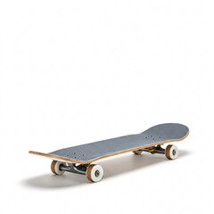 A classic skateboard with black griptape and light wheels,