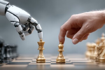 A realistic robot hand reaches toward a chess piece while a human hand controls another piece, showcasing the interaction between artificial intelligence and human players in a competitive game