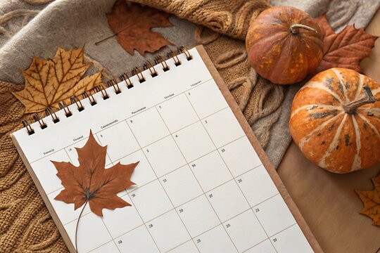 Autumnal Planning Cozy Fall Calendar with Pumpkins and Leaves
