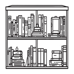 Clean vector outline of a bookshelf filled with neatly arranged books