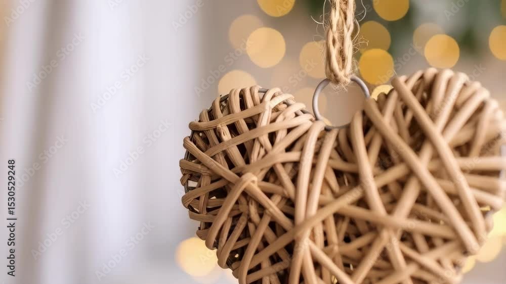 Poster hanging wicker heart ornament against a bokeh background with warm yellow lights creating a festive 