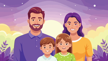 Happy Family Portrait Outdoors at Sunset in Vector Illustration