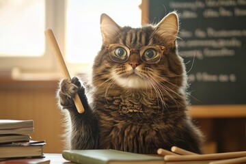 Fluffy cat wearing glasses teaching at desk with sunlight, ideal for back-to-school promotions, pet product ads, or humorous editorial features