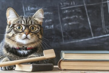 Cute cat wearing glasses holding stick in front of books and chalkboard, perfect for pet-themed campaigns, children’s books, or educational editorials