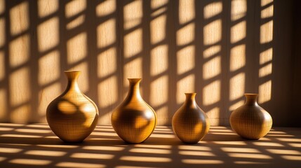 Wooden vases arranged in a sunlit room.