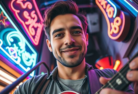 Male street musician performing under neon lights with creative fish-eye lens perspective - Powered by Adobe