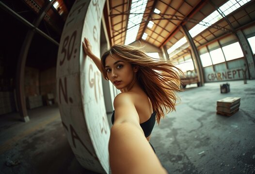 Fish-eye lens portrait of a female dancer in an abandoned warehouse