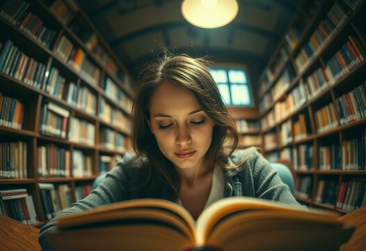 Female reader in a dimly lit library