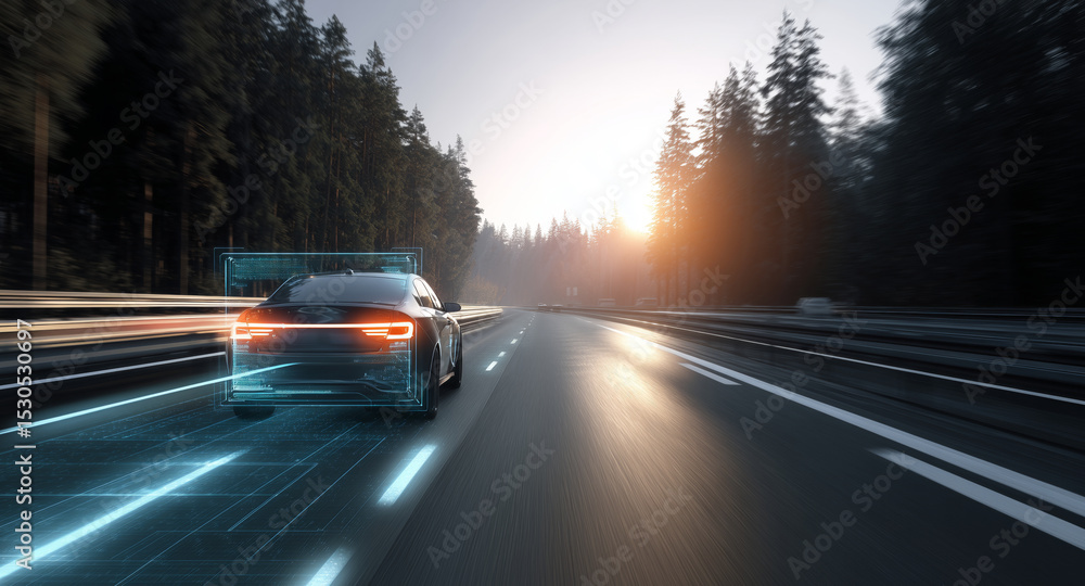 Poster a car travels down a multi-lane road surrounded by tall trees as the sun sets. recognition technolog