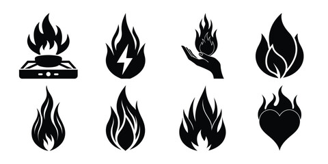 Flaming fire set icon, a hot danger symbol illustration