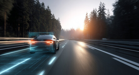 A car travels down a multi-lane road surrounded by tall trees as the sun sets. Recognition technology is visible, indicating advanced driving features.