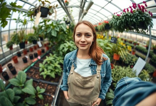 Female gardener in a lush greenhouse, captured with a fish-eye lens